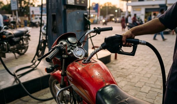 Close-up of a fuel pump nozzle refuelling a commuter motorcycle at a petrol pump