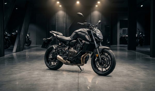 Modern naked street motorcycle parked under studio lights representing bike price in India