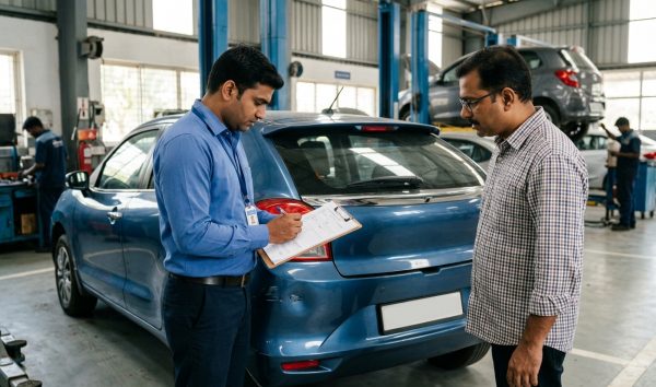 Car insurance check process showing surveyor inspecting vehicle and verifying policy details