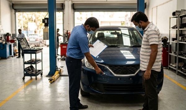Car insurance check being conducted during vehicle inspection with documents