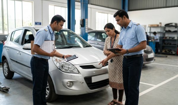 Car insurance claim process surveyor inspecting damaged bumper at an Indian network garage