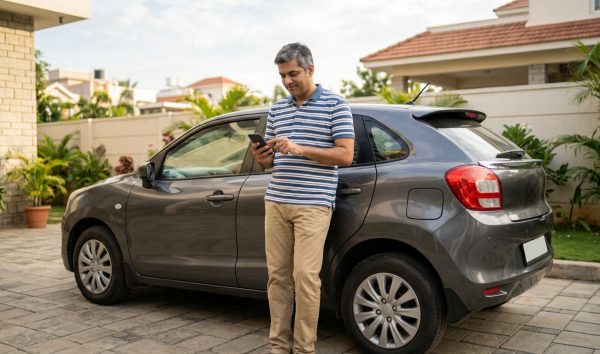 Car insurance renewal process showing owner reviewing vehicle details on smartphone