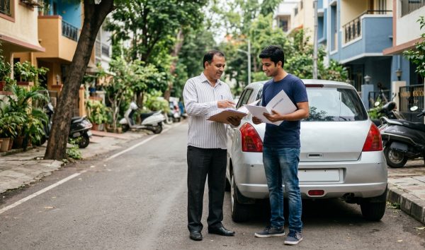 Car insurance transfer to new owner paperwork being checked beside a car in India