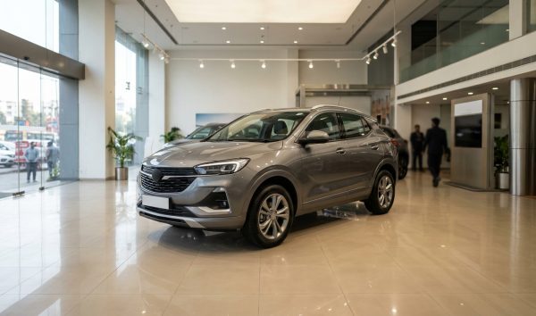 Modern SUV in a bright showroom illustrating car price in India and on-road pricing structure
