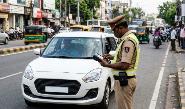 Traffic police officer checking pending challan check by vehicle number using an electronic device