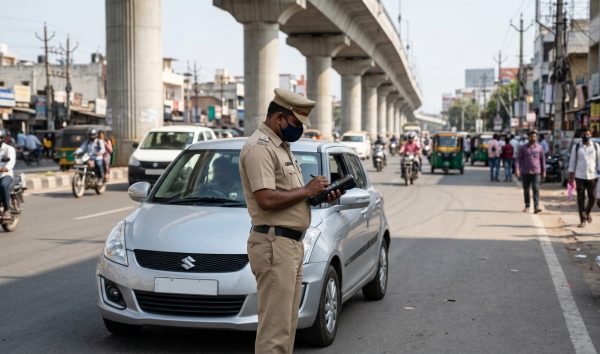 Traffic police officer reviewing challan check by vehicle number on digital handheld machine