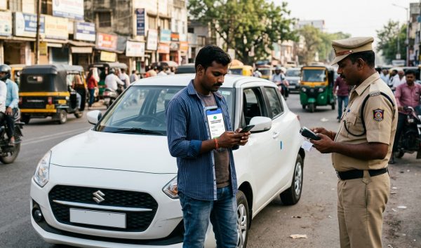 Driver checking online challan receipt download on smartphone near a car