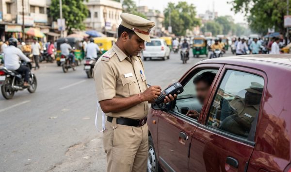 Traffic police officer holding an e-challan terminal to check challan by DL on an Indian road