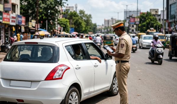 Traffic police officer checking driver details on an electronic terminal to check challan by DL number