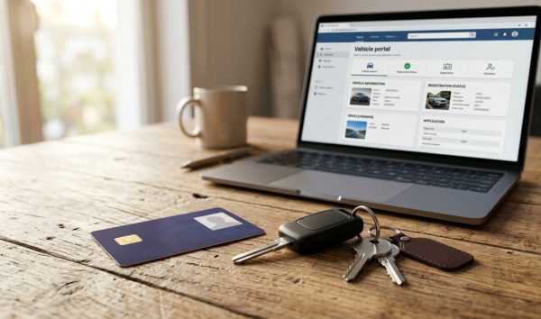 Vehicle registration certificate smart card and car key beside laptop to check RC online