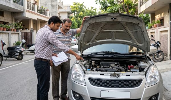 Car buyer performing physical inspection to check vehicle history India on a residential street