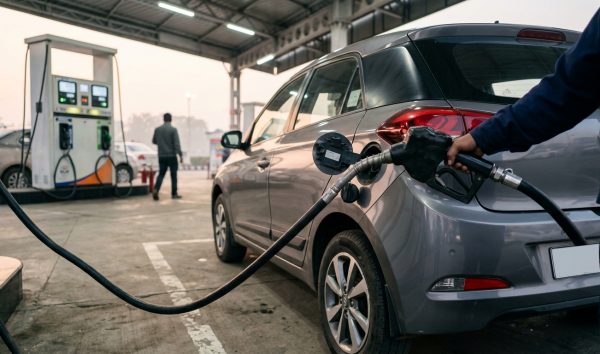 Motorist checking the diesel price today at an Indian fuel station pump