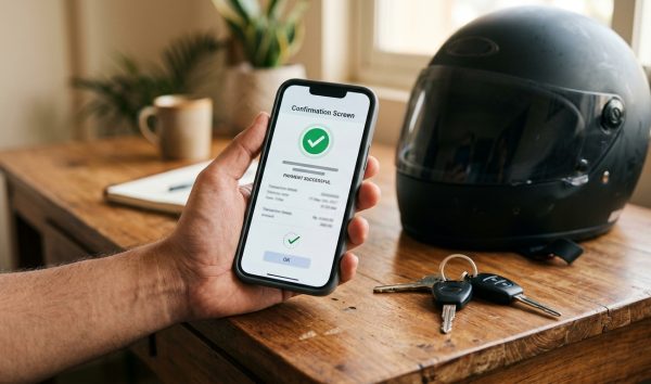 Motorist checking smartphone to dispute traffic challan online next to vehicle keys