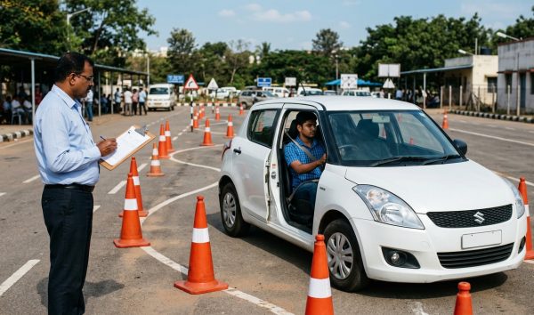Driver undergoing driving licence competence evaluation at an RTO track for dl renewal online
