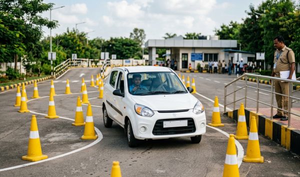 Motorist undergoing a driving test at an RTO track for dl renewal online