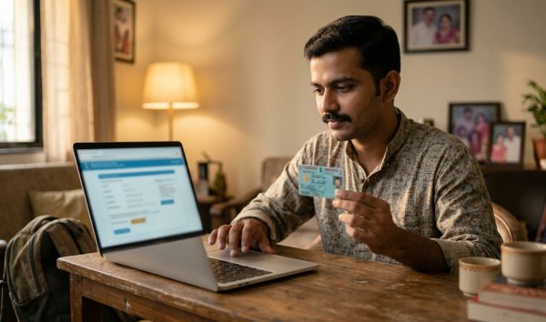 Person applying for driving licence renewal online on a laptop at home