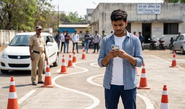 Applicant checking driving licence status on a smartphone near an RTO office
