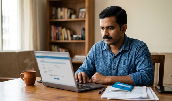 Person applying for a duplicate RC online using Parivahan Sewa portal on a laptop