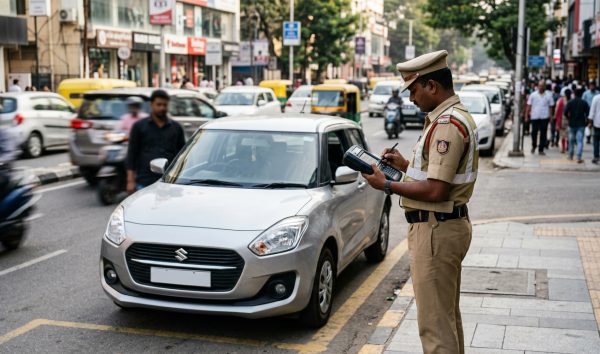 Traffic police officer checking pending e challan status on handheld digital device