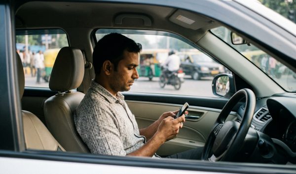 Motorist checking e challan status on a smartphone near an Indian traffic checkpoint
