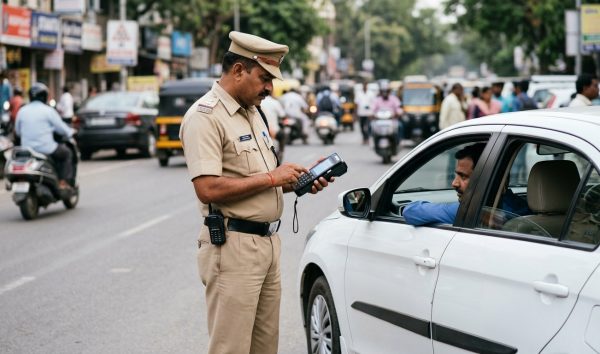 Traffic police officer checking an echallan parivahan violation on a handheld device in India