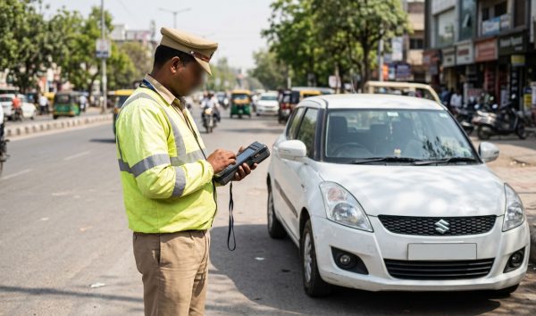 Traffic police officer scanning a vehicle registration plate for echallan parivahan records