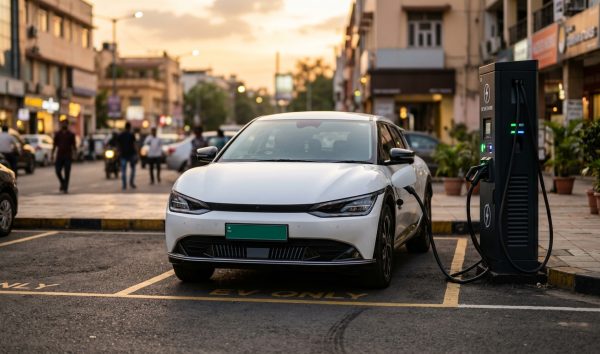 Electric car price in India charging at a city fast charging station