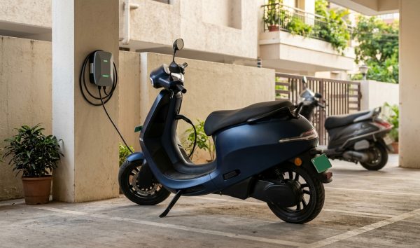 Electric scooter parked at a home charging point in India