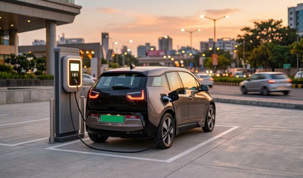 Electric car plugged into an EV charging station in an Indian metropolitan city