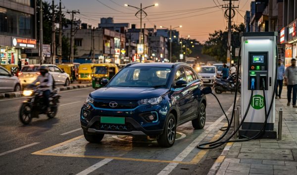 Electric car charging at an urban public station illustrating ev road tax exemption benefits
