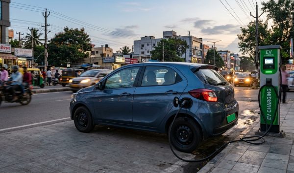 Electric vehicle plugged into an urban charging point showing EV subsidy in India concept