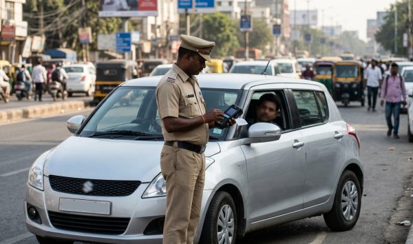 Traffic police officer reviewing a digital traffic fine on a handheld device during a fake challan check