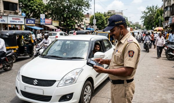 Traffic police officer checking vehicle details with handheld digital e-challan machine