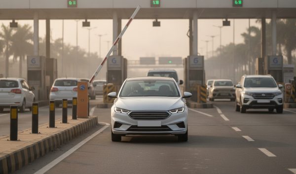 A white private car driving through an automated FASTag toll plaza lane on an Indian highway