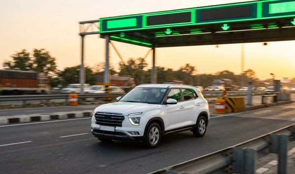 White car driving smoothly through a National Highway electronic toll booth using FASTag annual pass