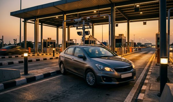 Car passing through an electronic toll plaza lane for fastag kyc update online verification