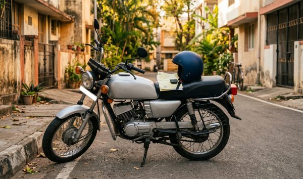 Motorcycle parked on an Indian street with insurance policy papers resting on the seat