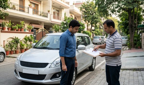 Car buyer and seller signing Form 29 and 30 for vehicle transfer in India
