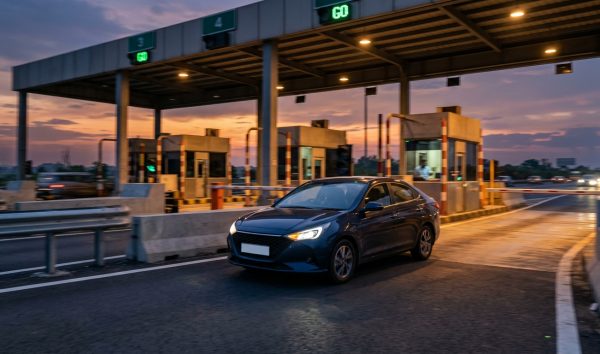 Car passing an Indian toll plaza lane highlighting modern registration and compliance