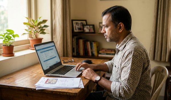 Car owner completing hypothecation removal online on a laptop at home