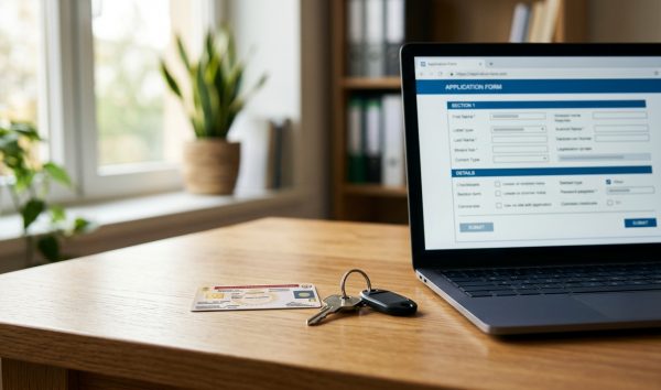 Car registration certificate and keys on an office table during hypothecation removal online