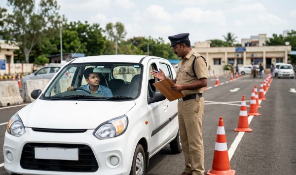 Applicant preparing for a driving licence test at an Indian RTO track