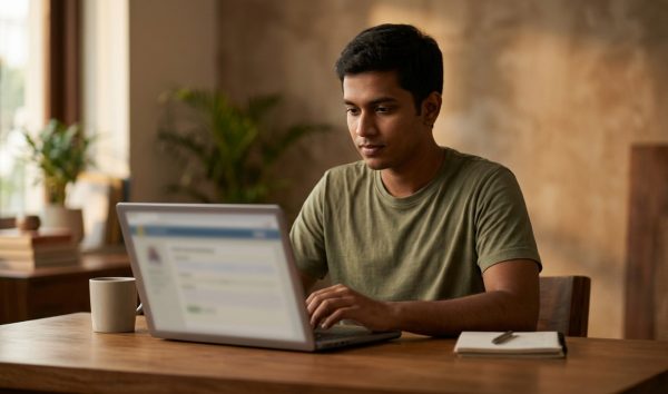 Person using a laptop at home for learning licence apply online process