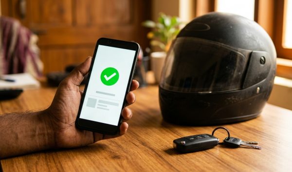 Motorist reviewing a lok adalat challan settlement receipt on a mobile phone