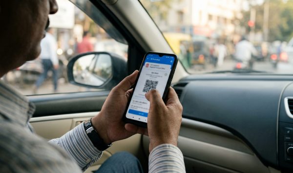Smartphone displaying a digital vehicle document for mparivahan virtual rc download