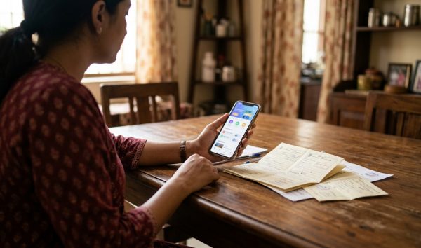 Indian motorist accessing an mParivahan virtual RC on a mobile screen at home