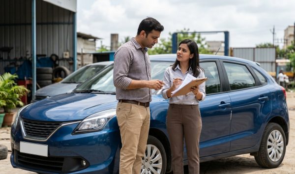 Car owner reviewing policy papers for ncb car insurance discount with an agent