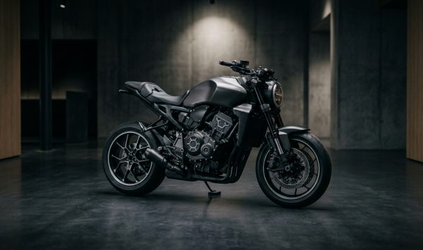 Side profile of a premium motorcycle displayed on a sleek showroom floor