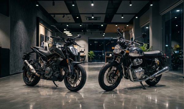 Front three-quarter view of modern motorcycle in a showroom setting