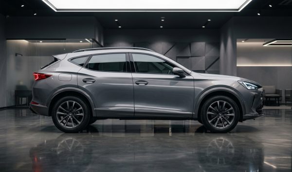 Front quarter view of a modern crossover SUV at a new car launch event